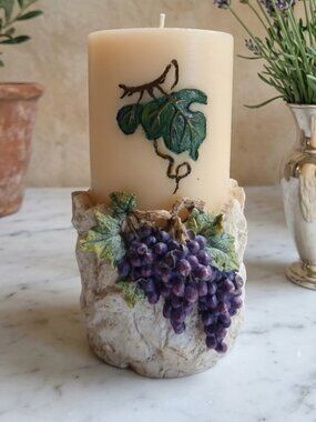 Rustic Mediterranean Faux Stone Resin Grape Motif Pillar Candle And Hand Painted